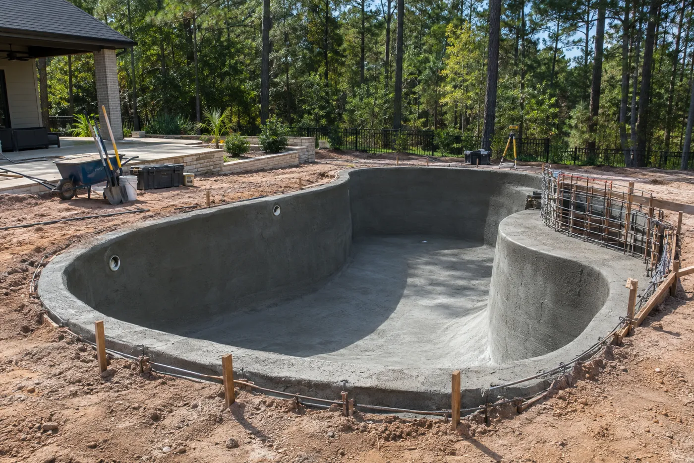 A freshly shot concrete pool shell under construction in a wooded backyard