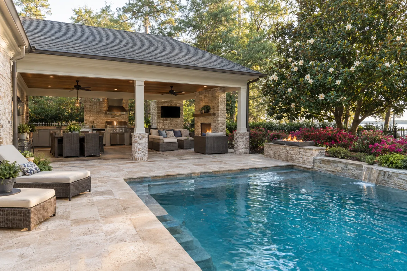 Pool beside a covered patio with an outdoor kitchen and fireplace