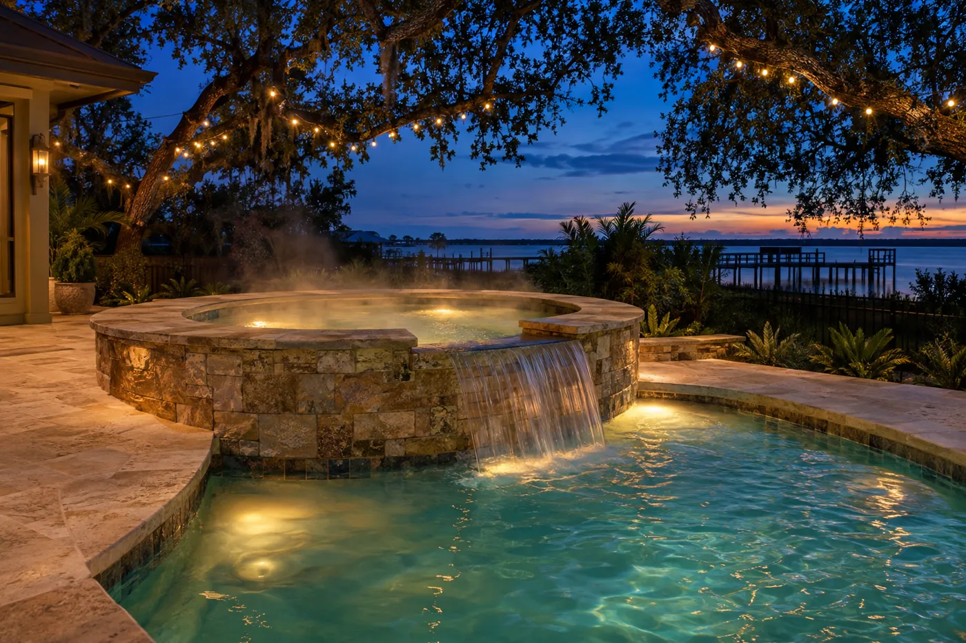 Raised stone spa spilling into a lit pool at dusk